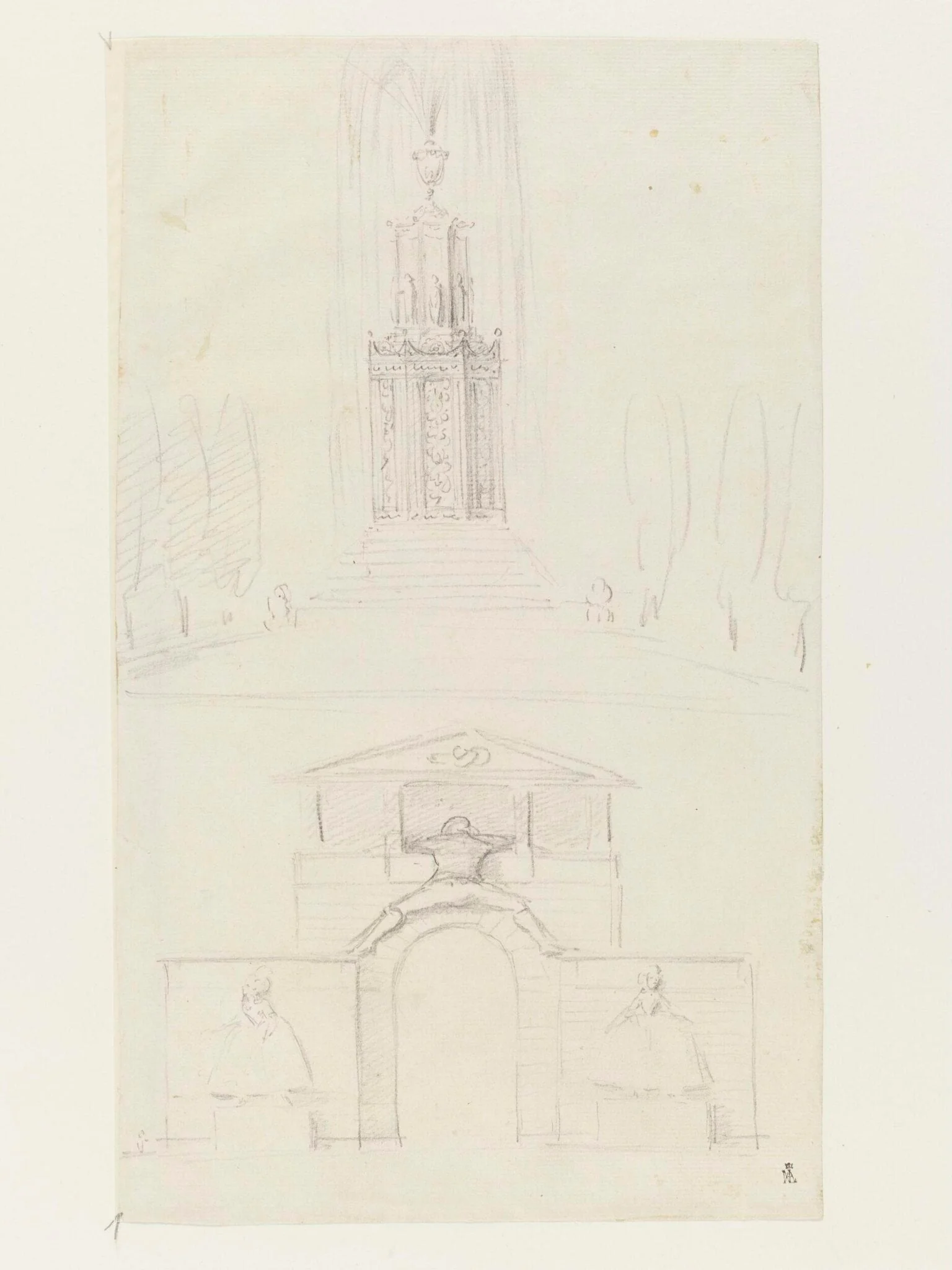 Pencil drawing of a fountain and entryway, by Unknown, 1750
