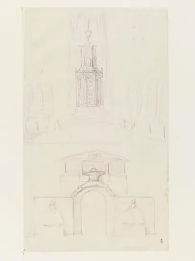 Pencil drawing of a fountain and entryway
