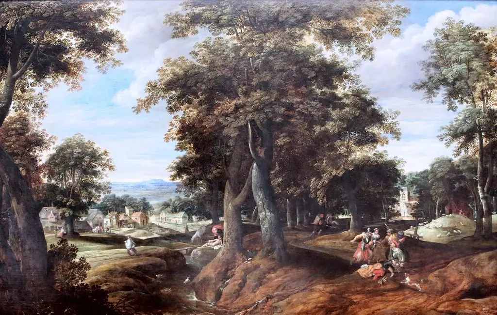 Panoramic wooded landscape with the parabel of the Good Samaritan (Luke 10:25-37)