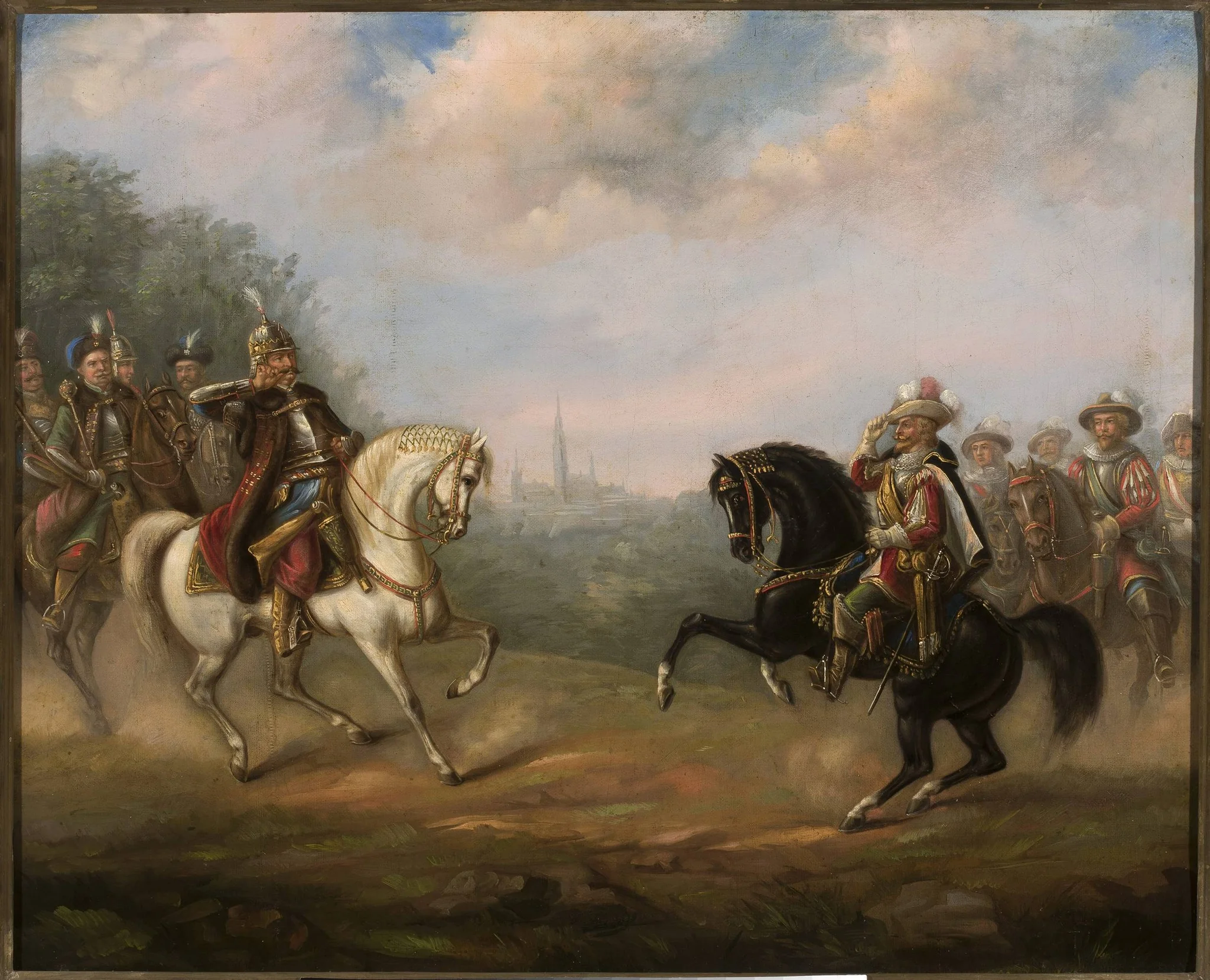 King John III Sobieski meets emperor Leopold at Vienna, by Feliks Sypniewski, oil, 1876