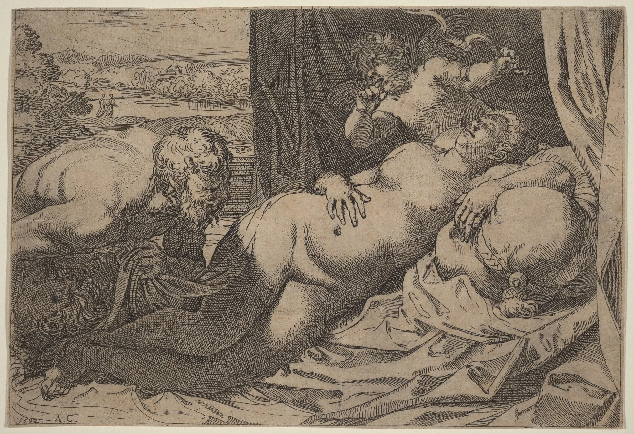 Venus and a Satyr, by Annibale Carracci, ink, 1592