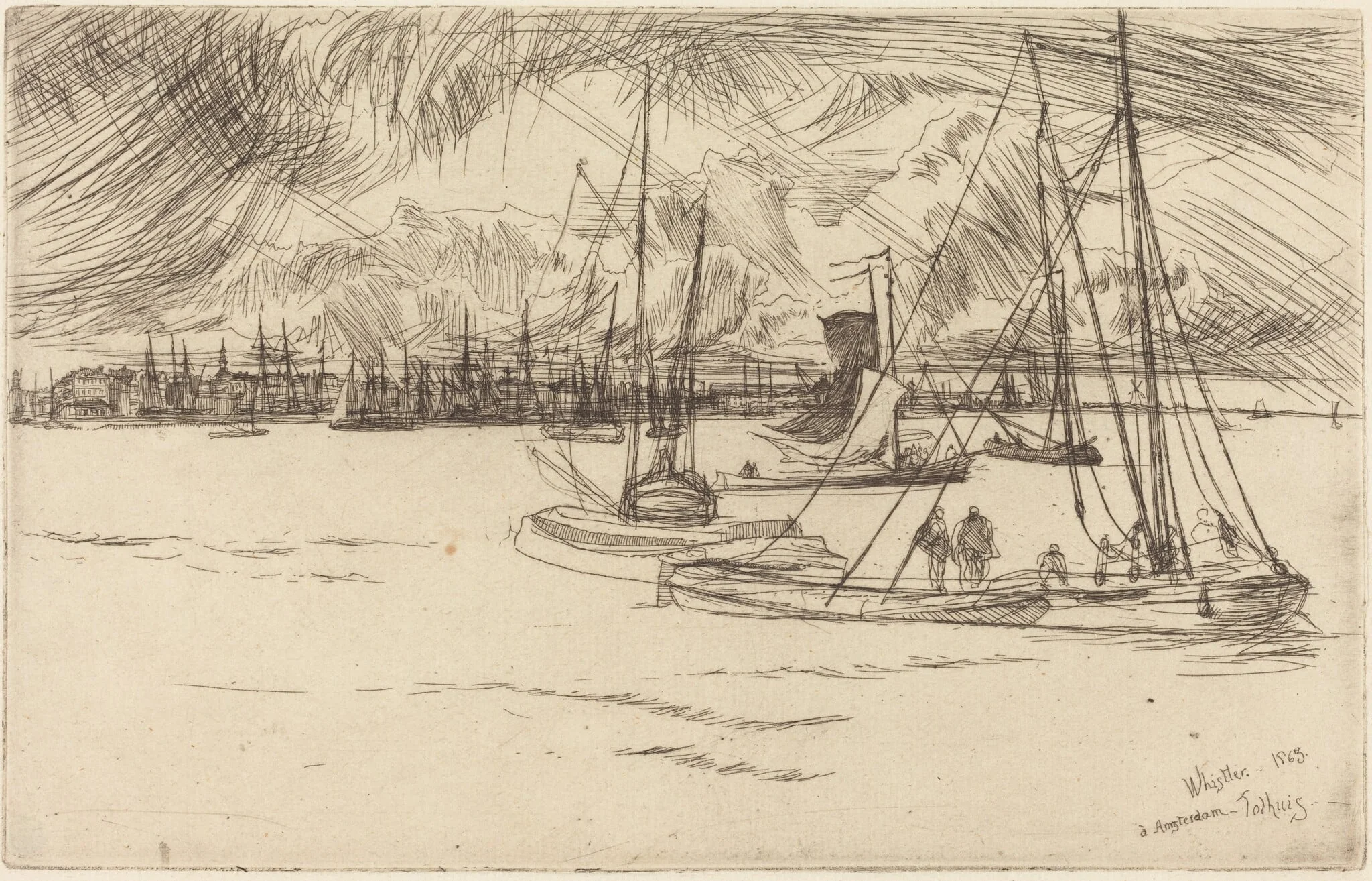 Amsterdam from the Tolhuis, by James McNeill Whistler, ink, 1863