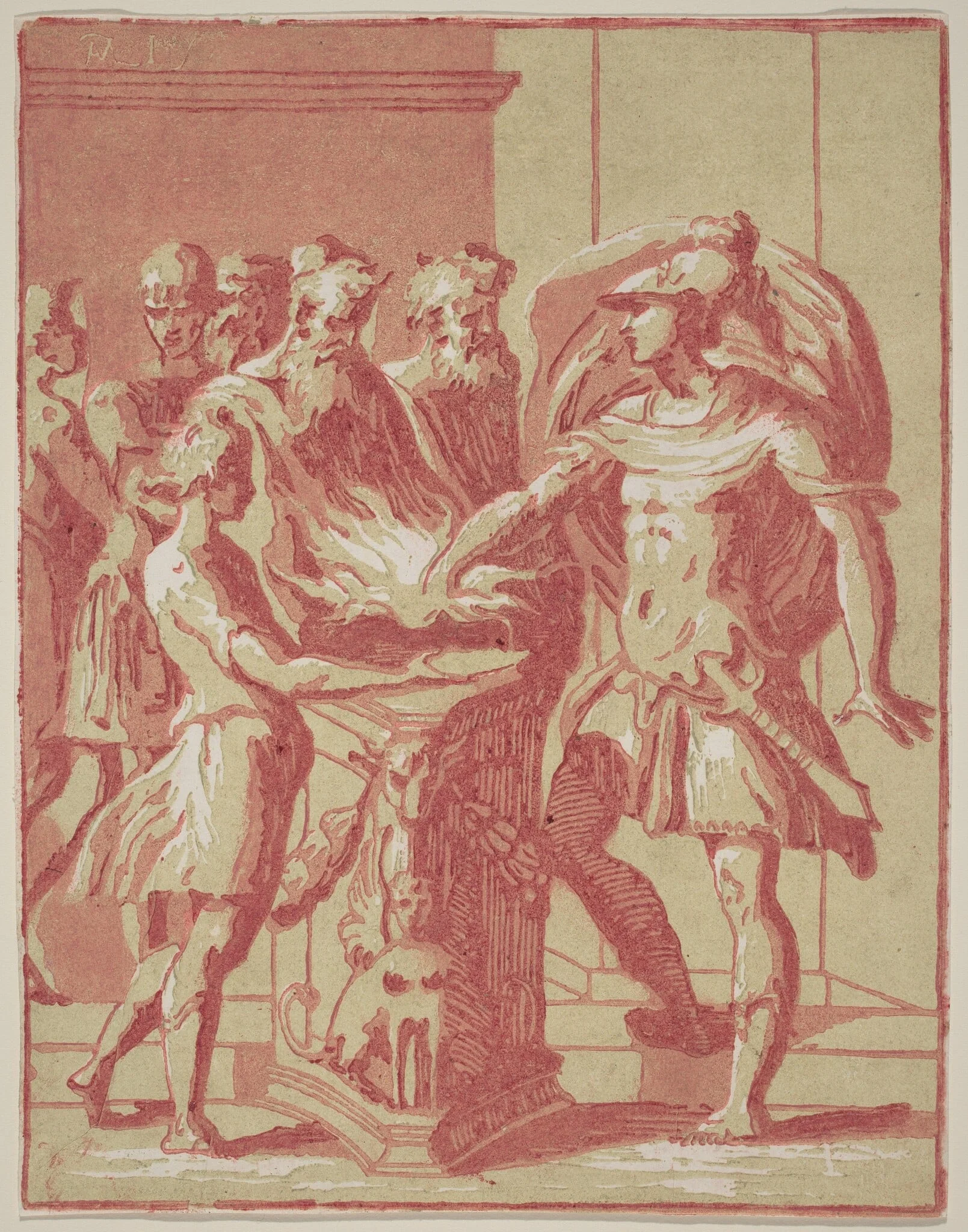 Mucius Scaevola Putting his Hand in a Fire, by Anton Maria Zanetti I, ink, 1724