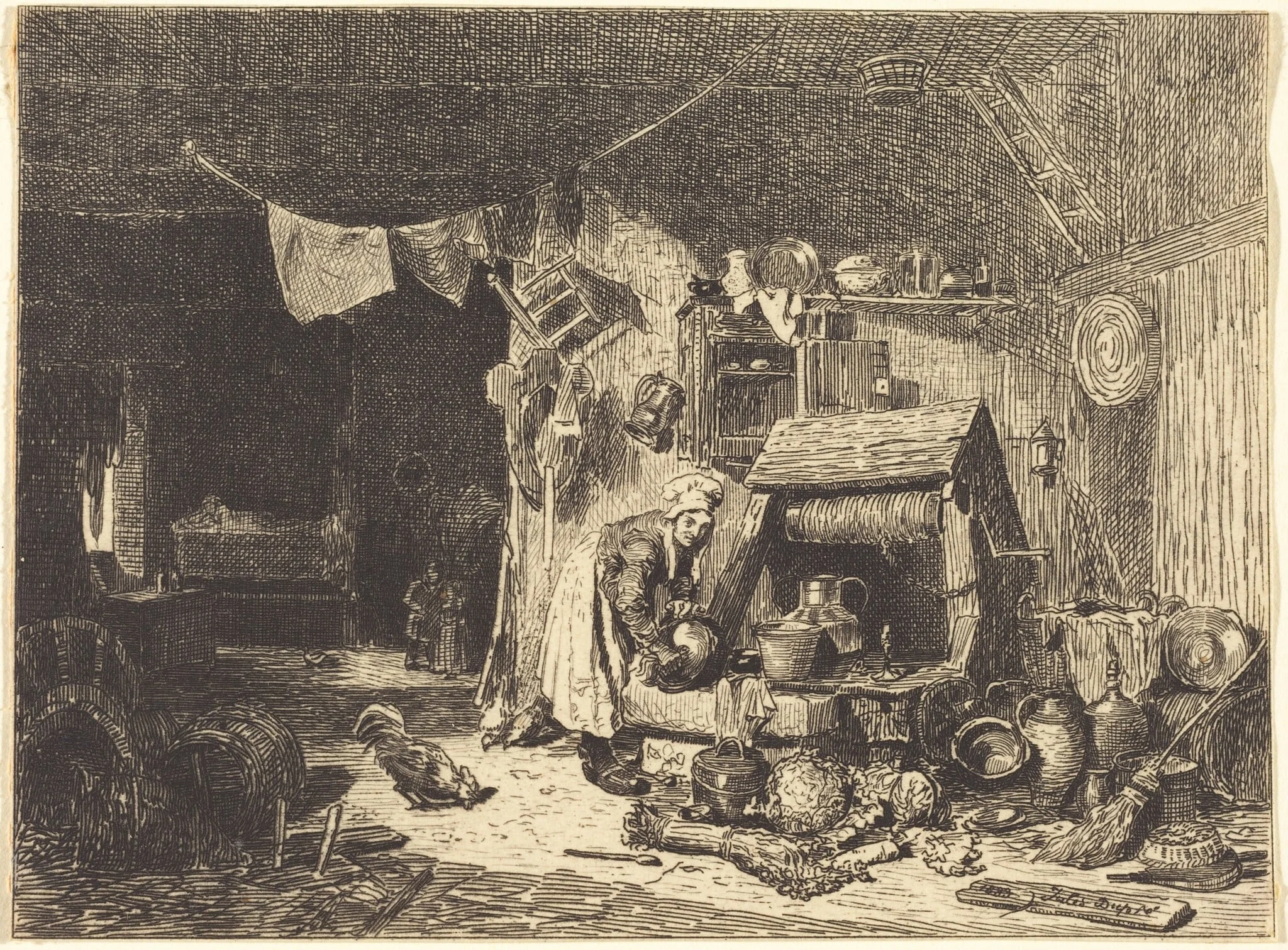 Interior of a Farmhouse, by Jules Dupré, ink, 1833