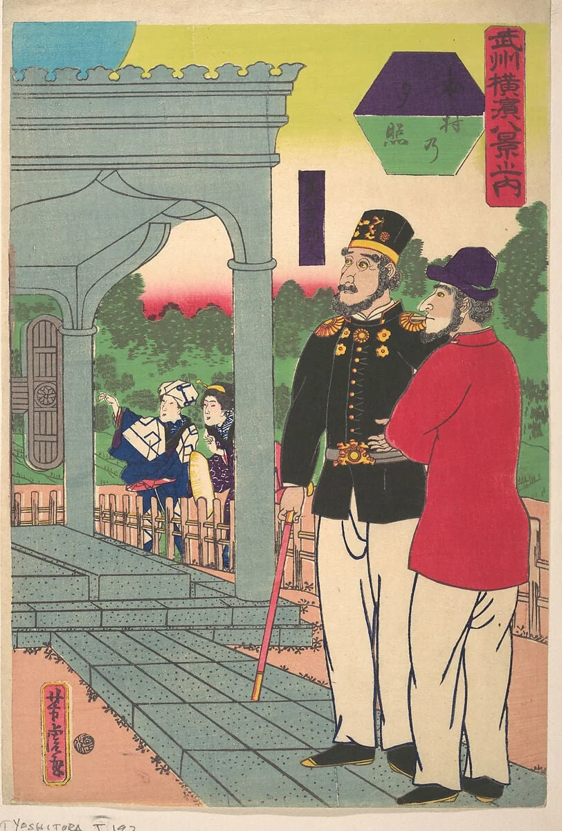 Motomura no yūdachi|Evening Glow at Motomura  [Two Englishmen looking at the sunset], by Utagawa Yoshitora, ink, 1