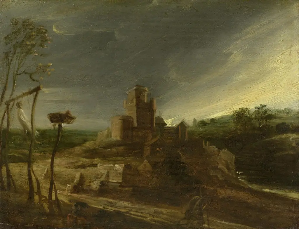 Landscape with a hanged man on a gallows