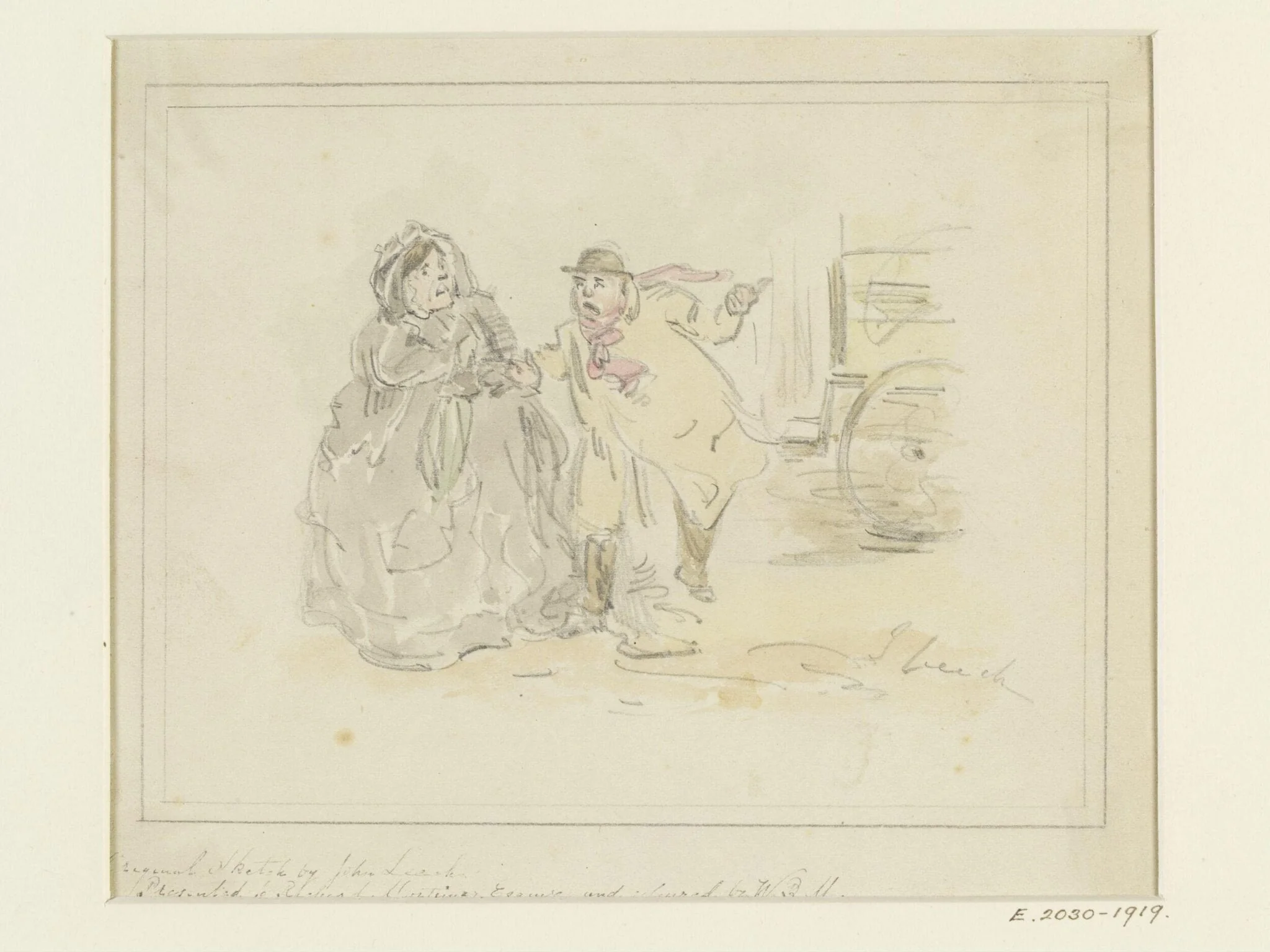 Drawing for book illustration: an old lady and a cabman, by John Leech, 1817