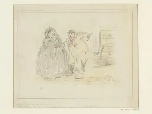 Drawing for book illustration: an old lady and a cabman