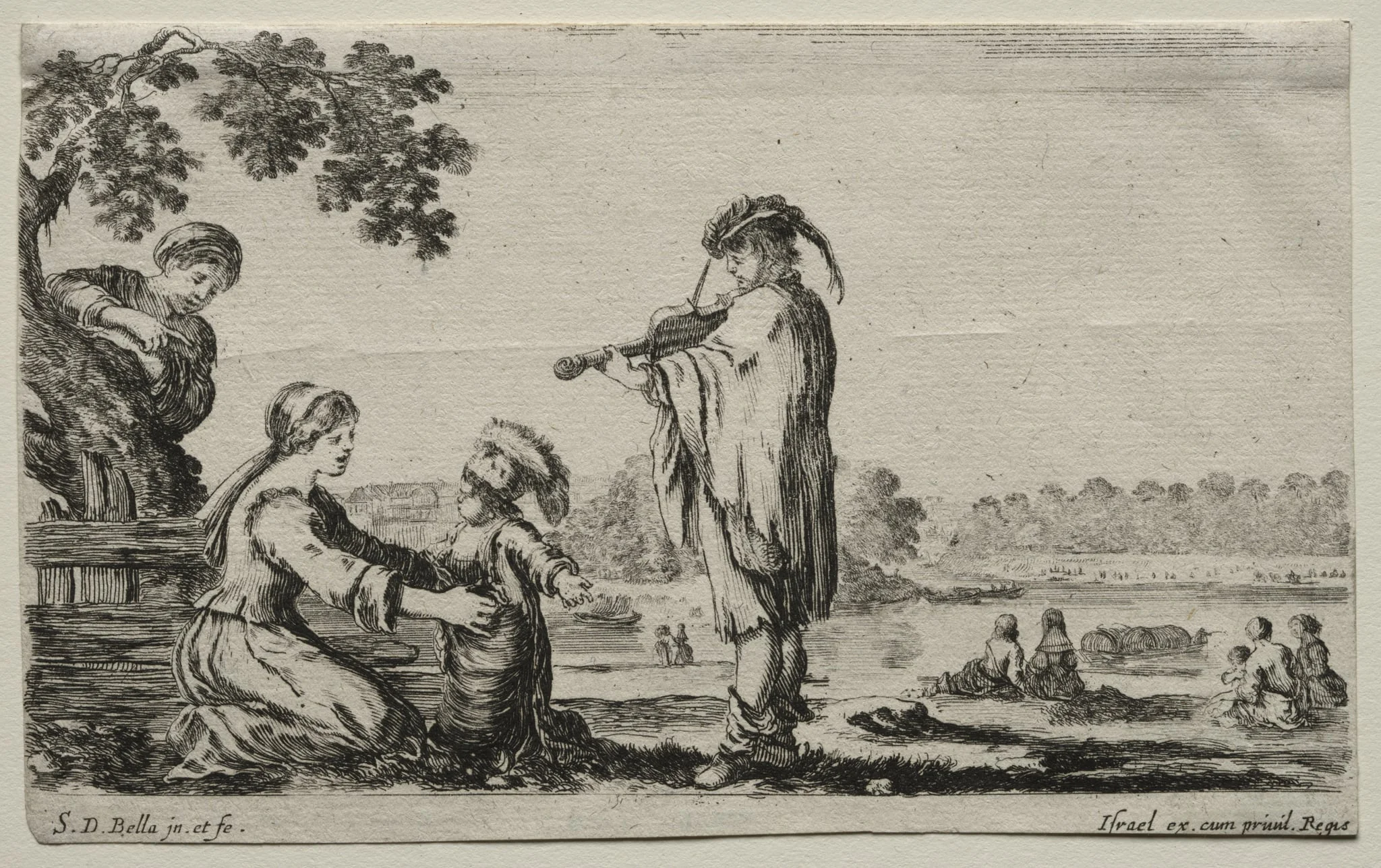 Various Figures and Landscapes:  A Violin Player, by Stefano Della Bella, 1649