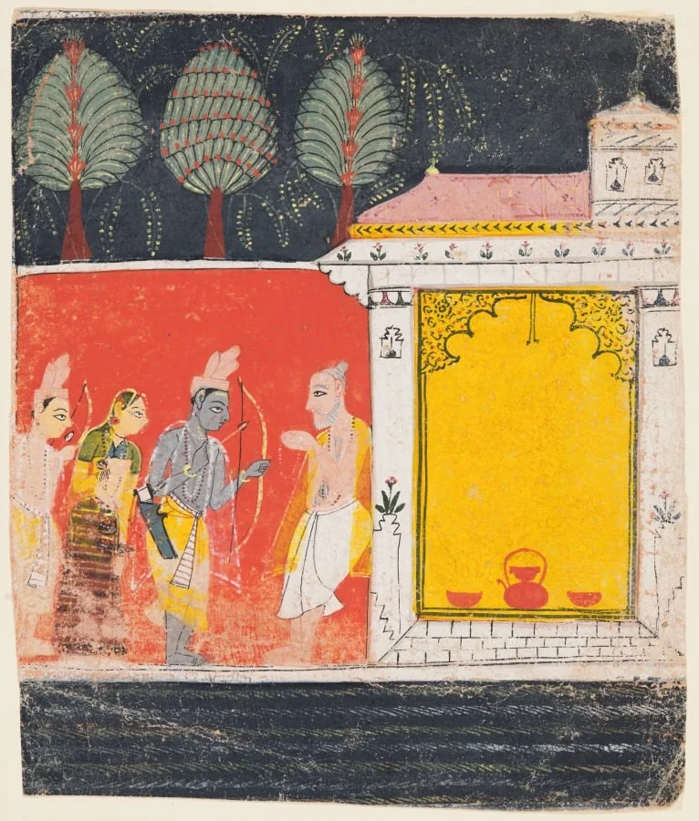 Rama, Sita, and Lakshmana visit the hermitage of the sage Bharadvaja at Prayaga, from Chapter 48 of the Ayodhya Kanda (Book of Ayodhya) of a Ramayana (Rama’s Journey), by Unknown, unspecified, 1650
