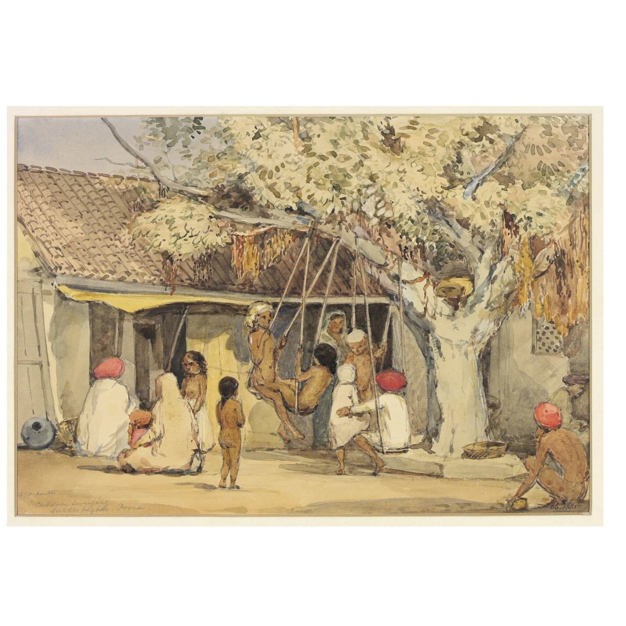 Children swinging Sudder bazaar. Poona, by William Carpenter, paint, 1850