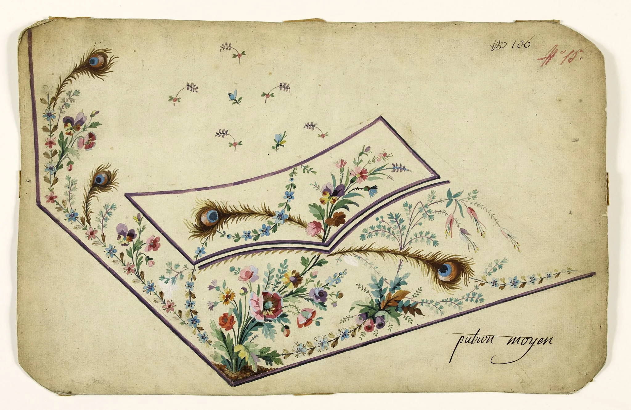 Composition florale et guirlandes de fleurs et de plumes de paon, projets de broderies de gilet, XVIIIème siècle, by Anonyme, 1750