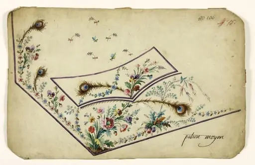 Composition florale et guirlandes de fleurs et de plumes de paon, projets de broderies de gilet, XVIIIème siècle