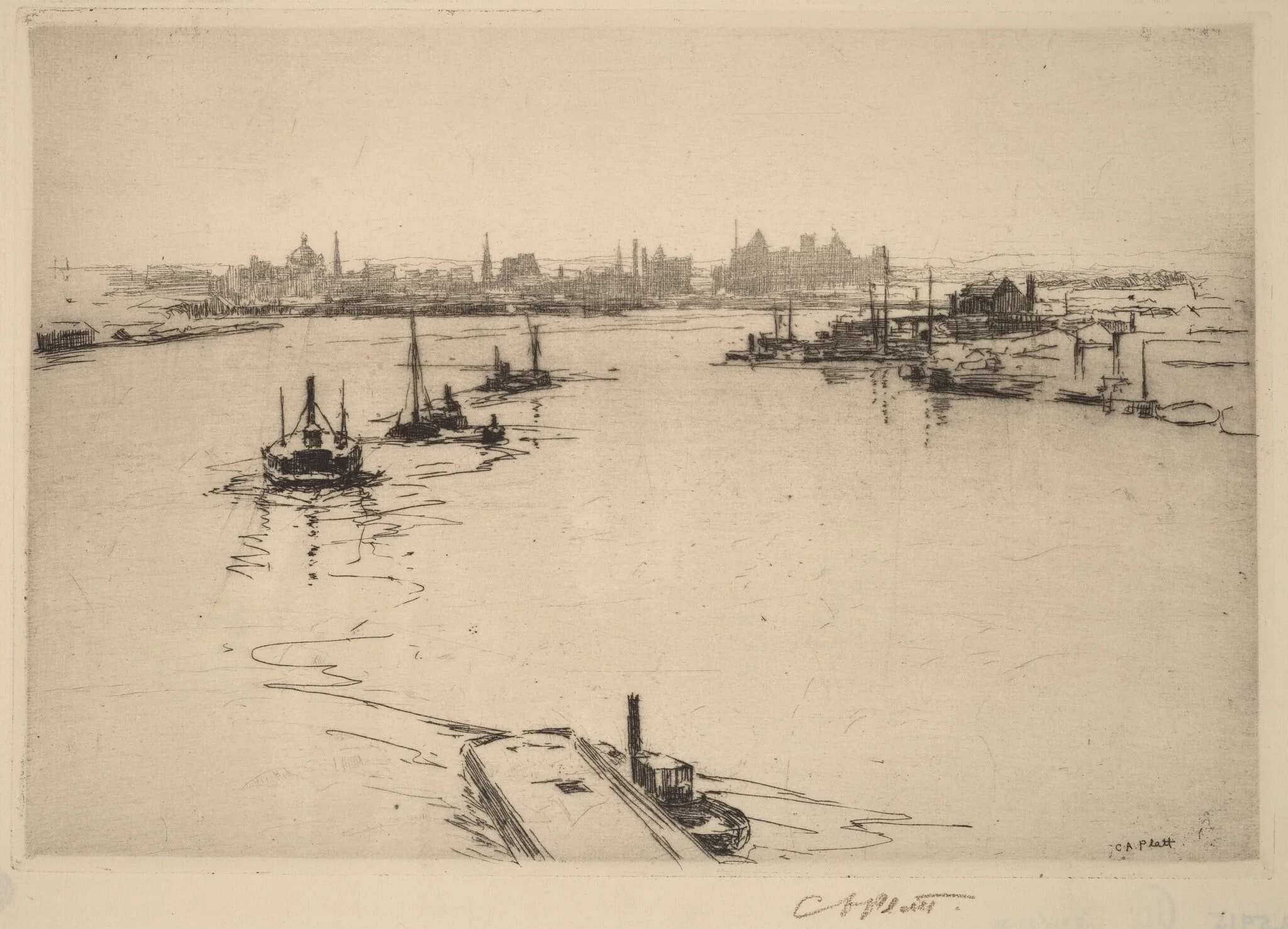 Williamsburg from the Bridge (Sketch), by Charles A. Platt, ink, 1889