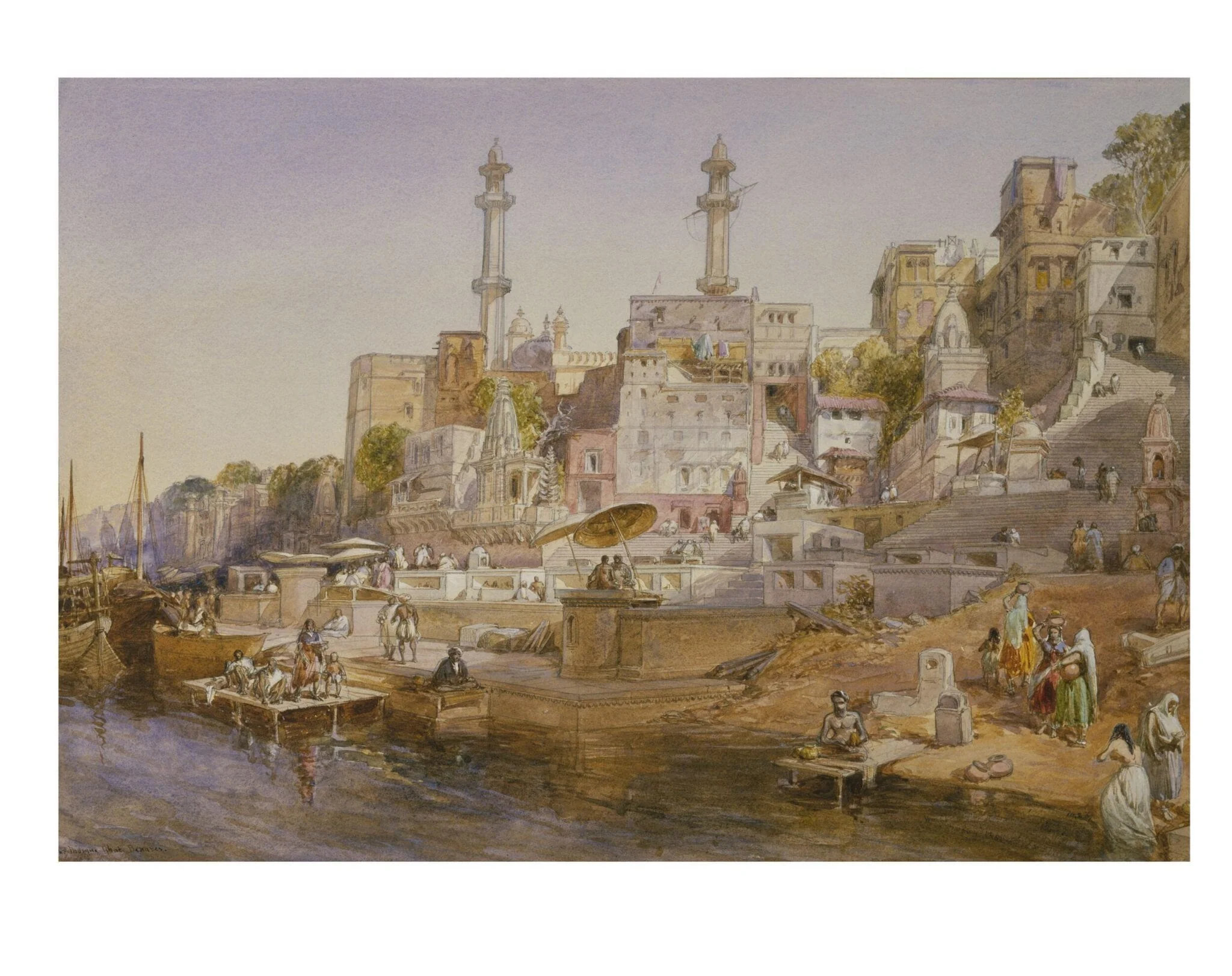 The Mosque of Aurangzeb and Panchganga Ghat from the Ganges, Benares.