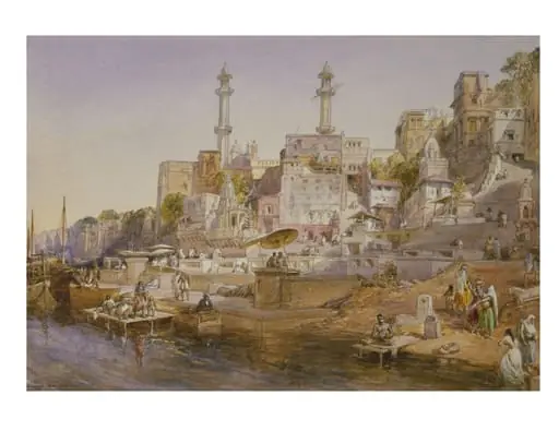The Mosque of Aurangzeb and Panchganga Ghat from the Ganges, Benares.