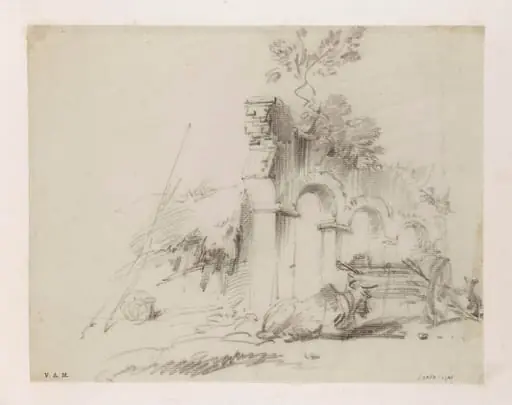 An ox and cart by a ruined building, Bengal