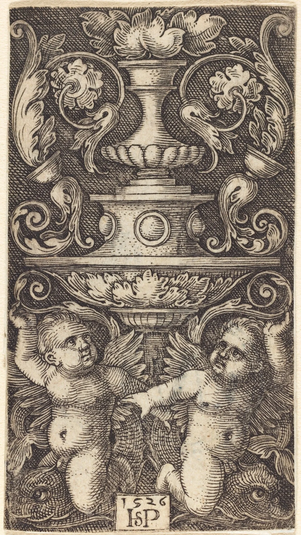 Double Cup with Two Genii Riding on Dolphins, by Sebald Beham, ink, 1526