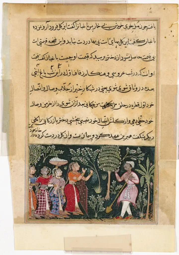 The daughter of the merchant of Mazanderan asks the gardener for the rose, from a Tuti-nama (Tales of a Parrot): Twelfth Night
