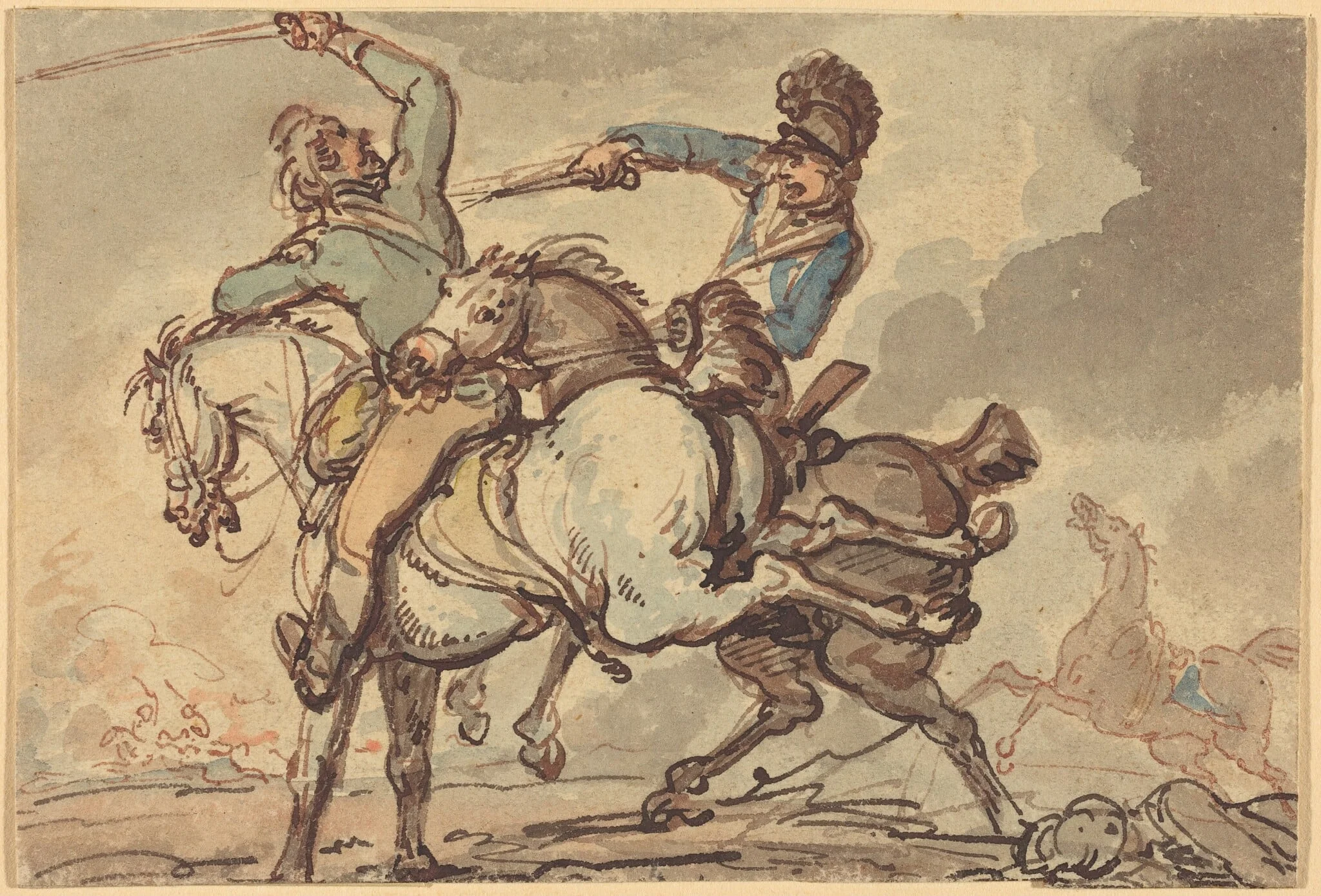 Cavalry Skirmish, by Thomas Rowlandson, ink, 1792