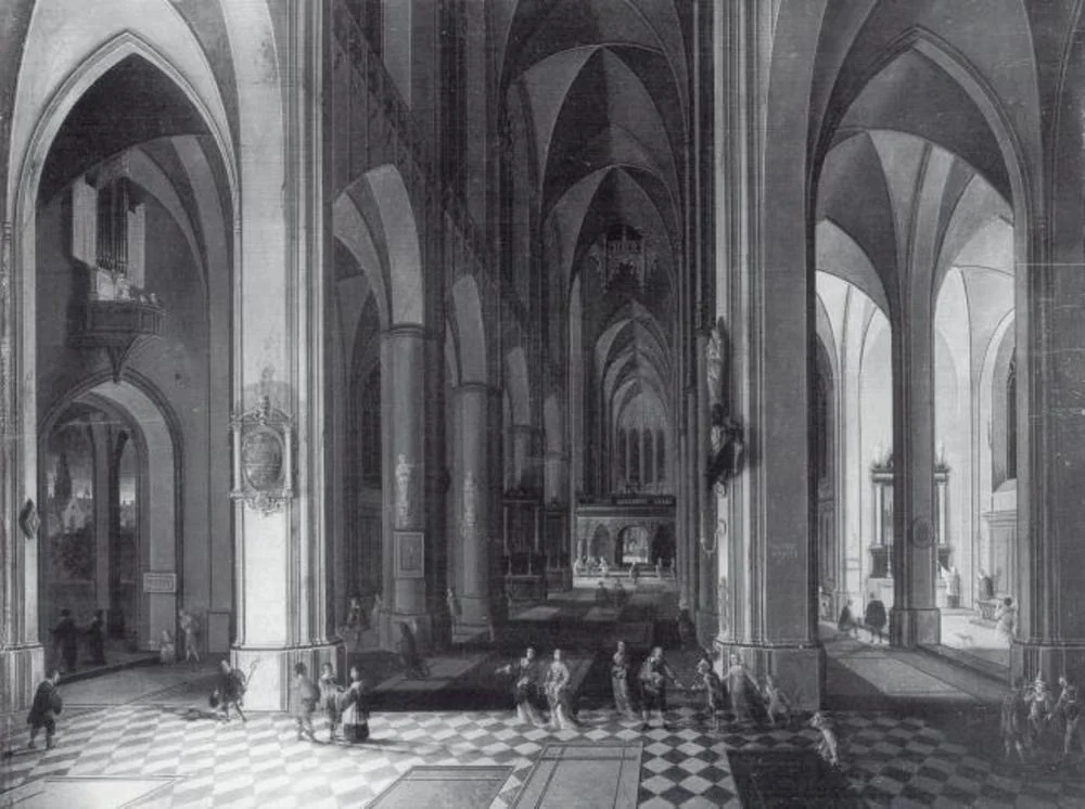 Interior of a Gothic Church by Candlelight, by Pieter Neefs the Younger, oil, 1649