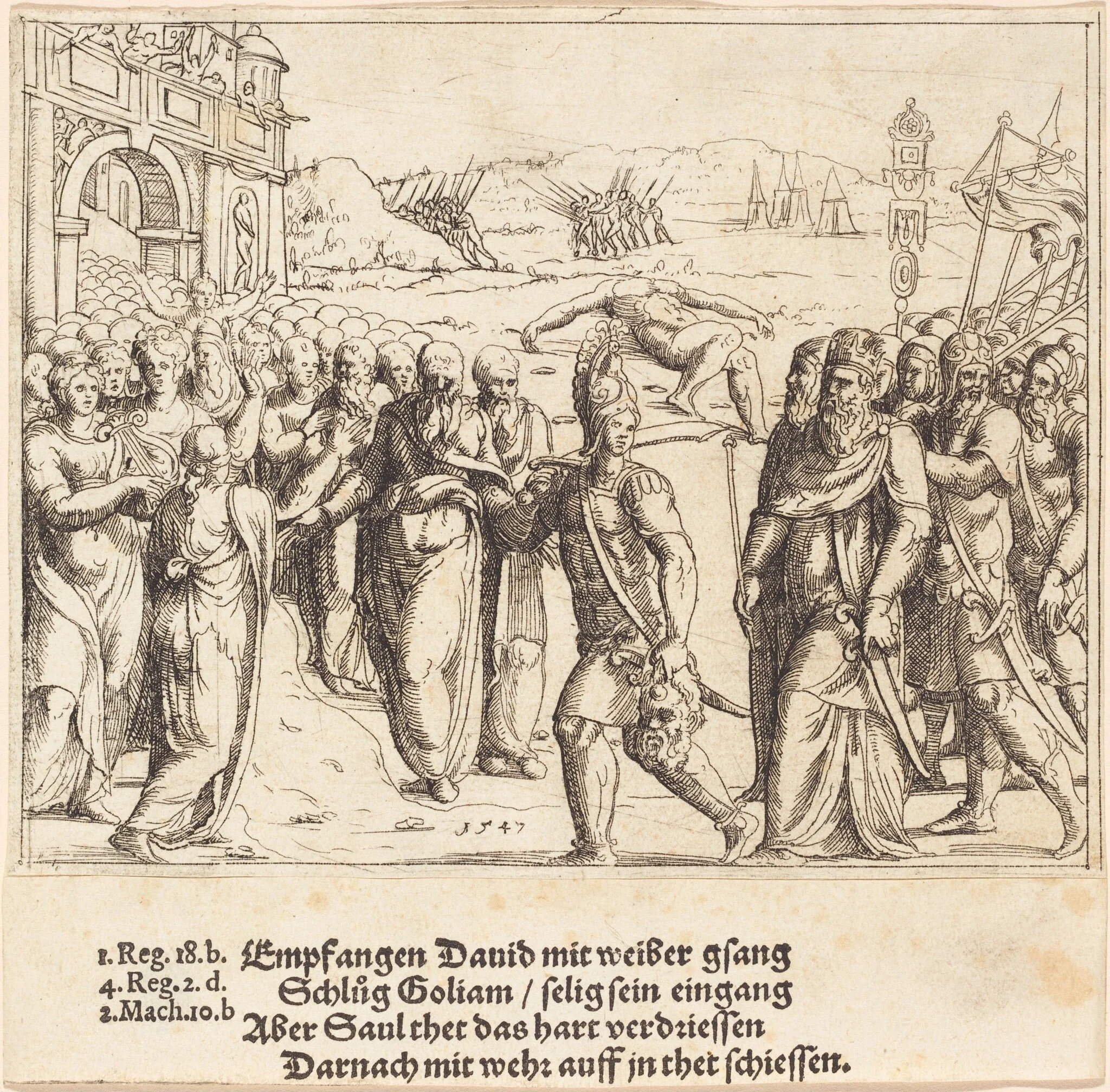 David is Welcomed after Killing Goliath, and Saul's Jealousy, by Augustin Hirschvogel, ink, 1547