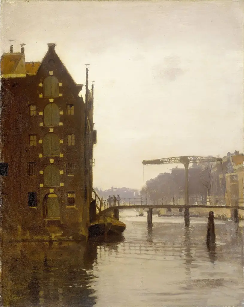 Pakhuizen aan een Amsterdamse gracht op Uilenburg
