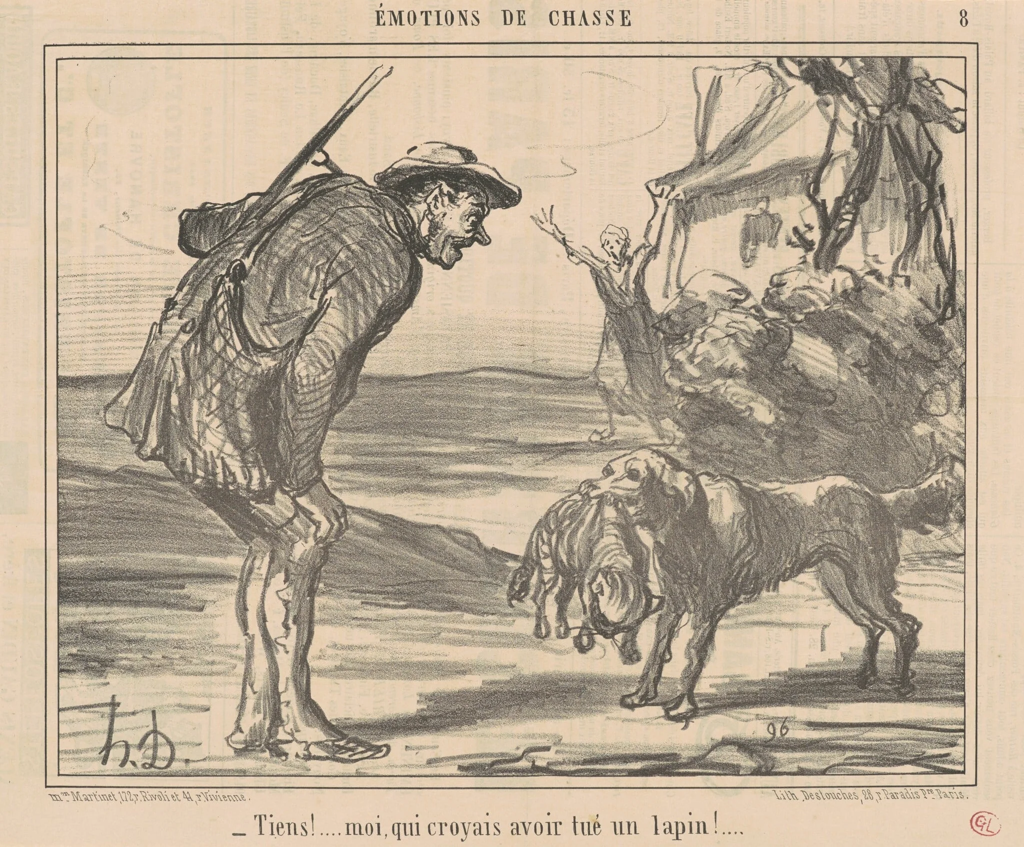 Tiens! Moi, croyais avoir tué un lapin! ..., by Honoré Daumier, ink, 1857