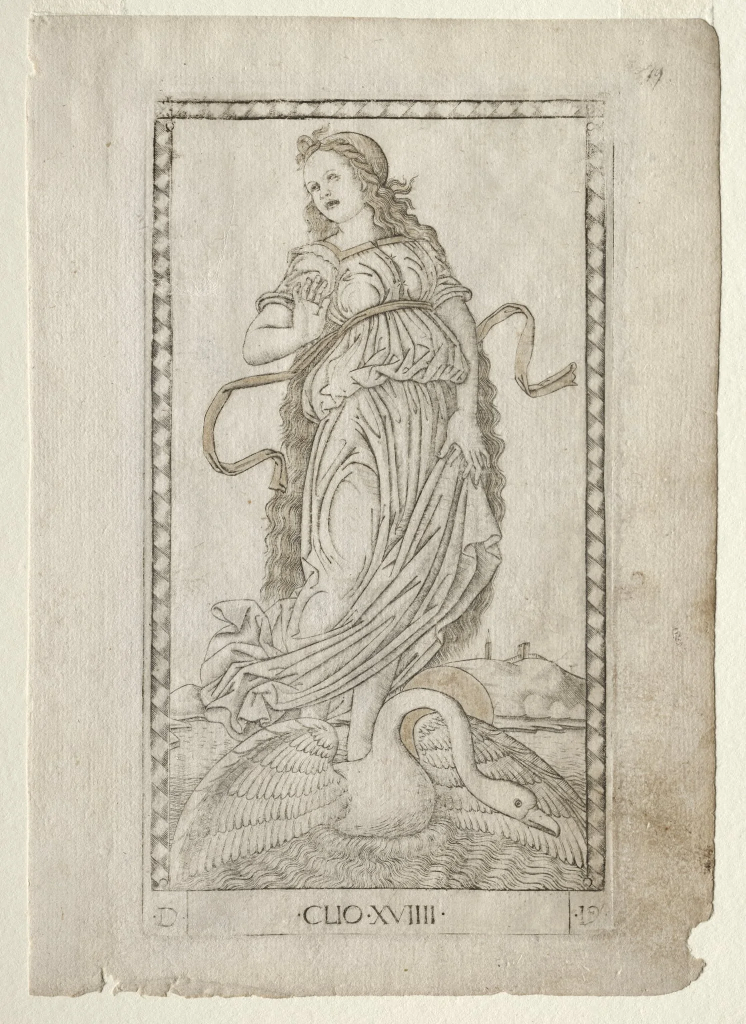 Clio (history) (from the Tarocchi series D:  Apollo and the Muses, #19), by Master of the E-Series Tarocchi, 1467