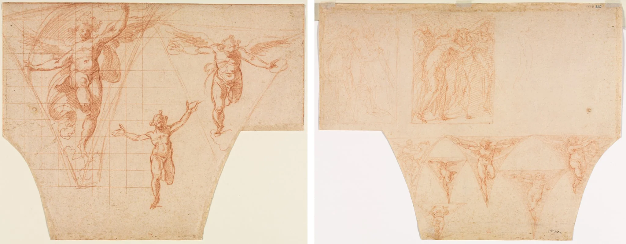 Three Studies of  Angels for a Pendentive (recto); Studies for Christ Meeting His Mother on the Road to Calvary, Studies of an Angel in a Pendentive (verso), by Cristoforo Roncalli, 1602