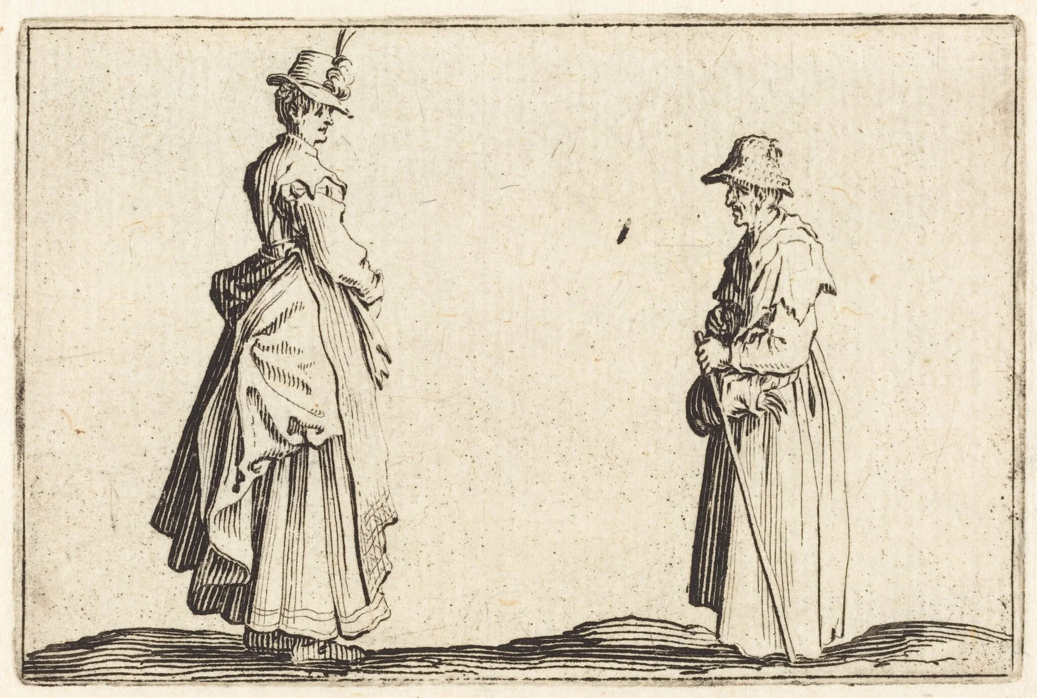 Two Women in Profile, by Jacques Callot, ink, 1622