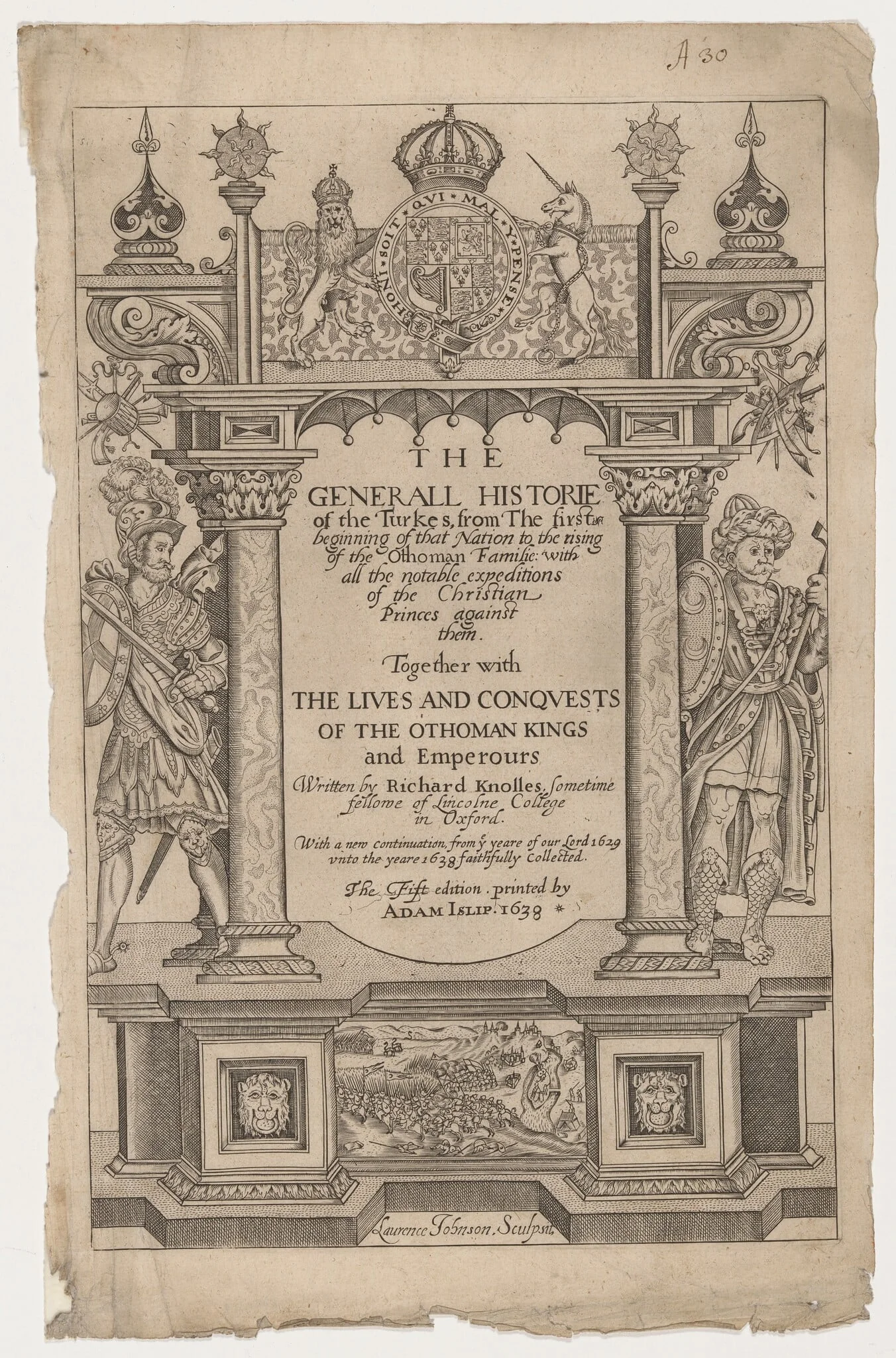 Title Page for R. Knolles Generall Historie of the Turkes, by George Keller, ink, 1603