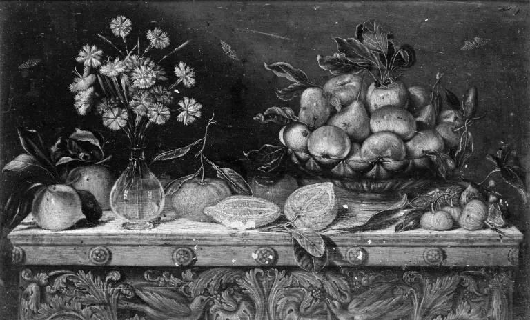 Et lille frugtstykke med blomster i vase, by Unknown, unspecified, 1848
