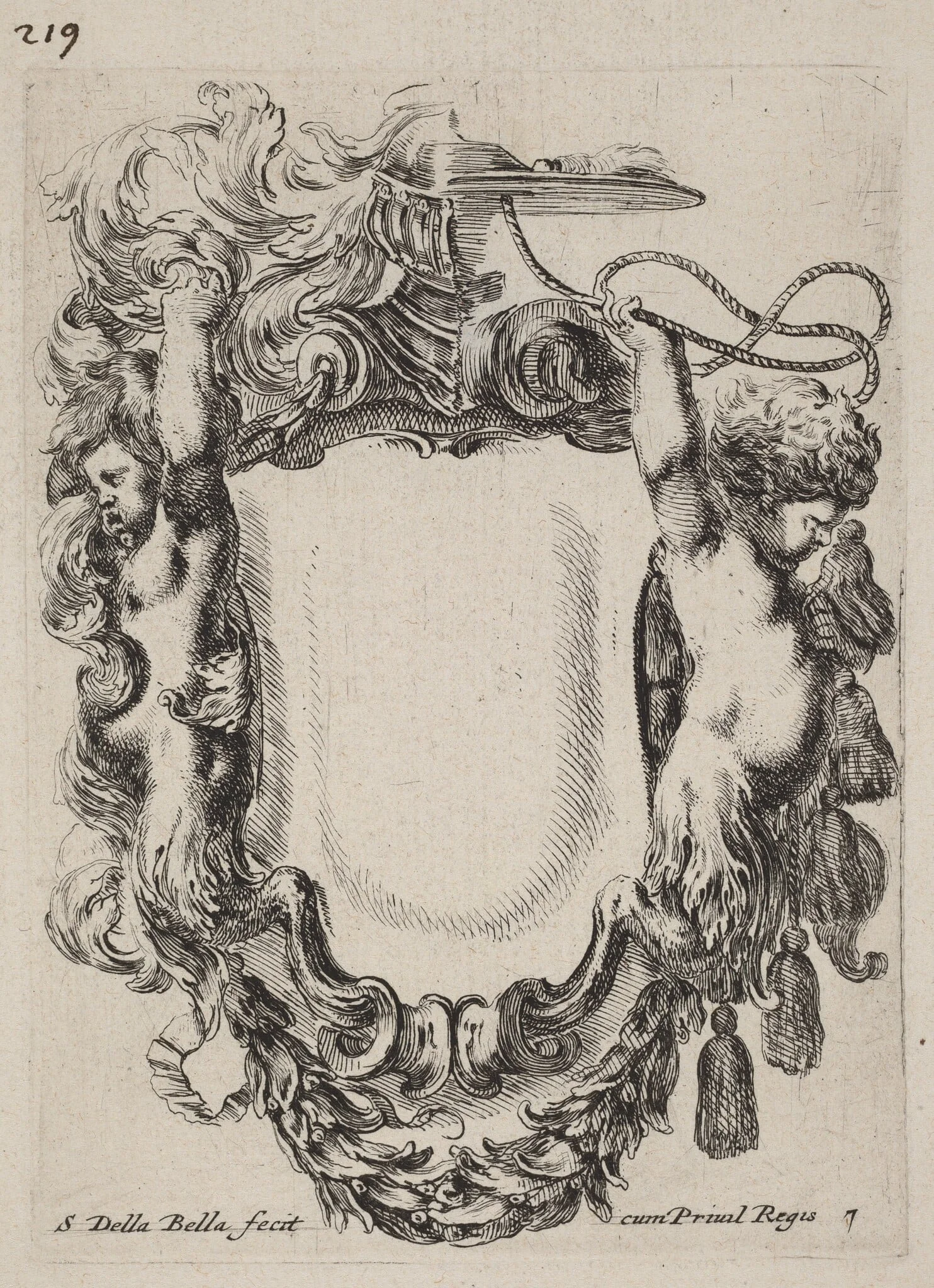 Cartouche with Infant Satyrs, by Stefano Della Bella, ink, 1647