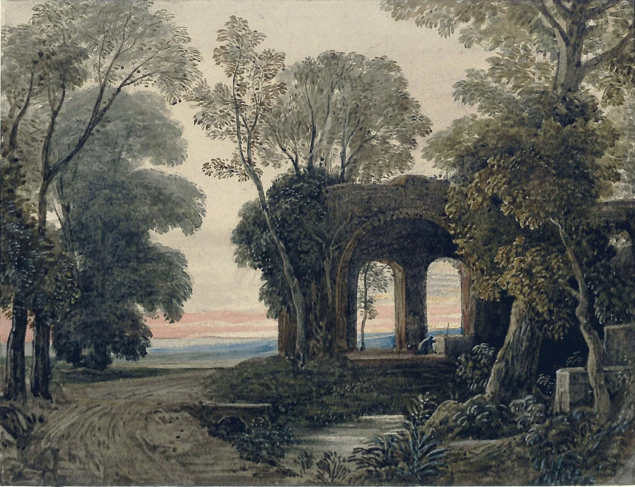 A ruin with trees, by Unknown, watercolor, 1850