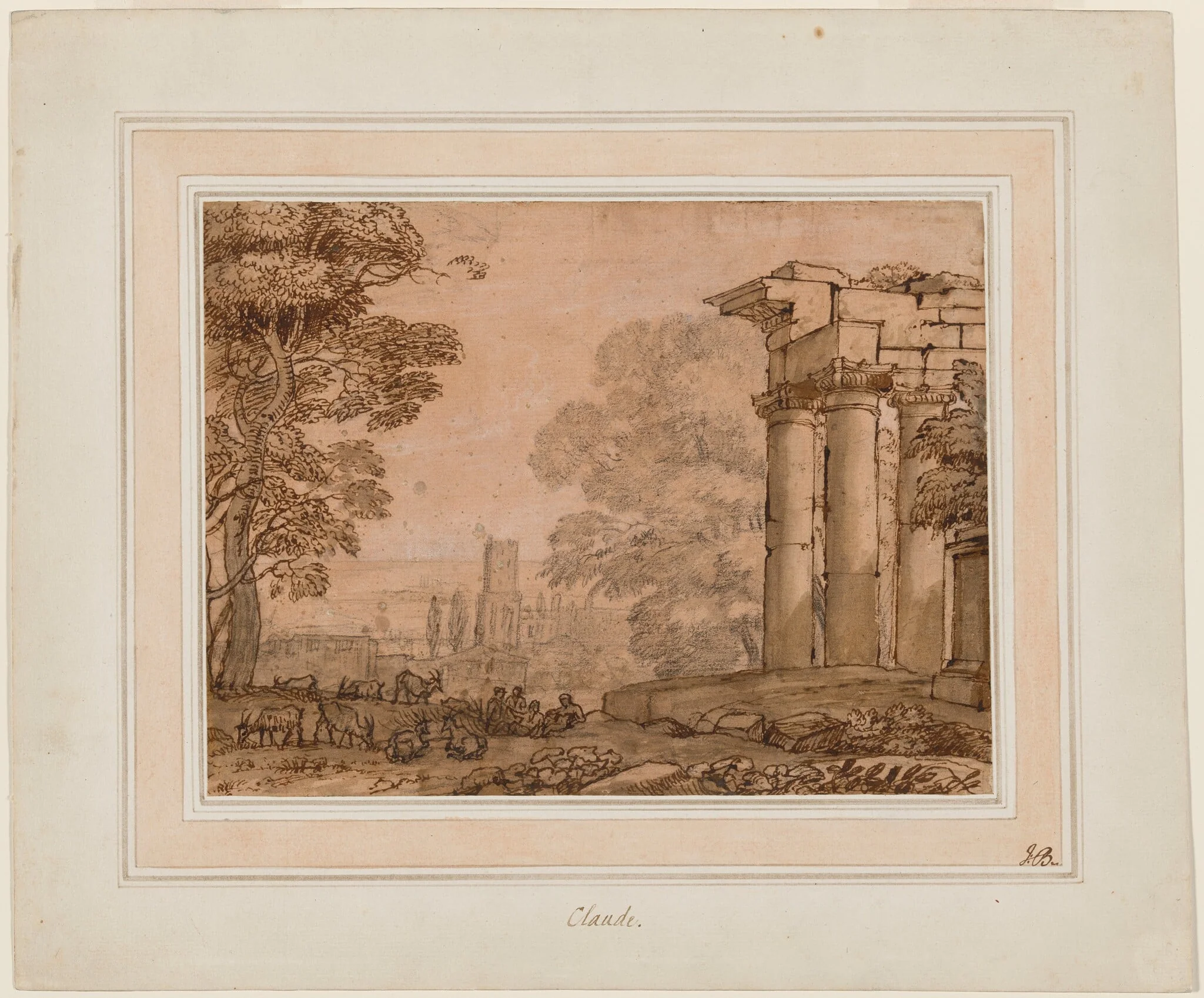 Landscape with Ruins, Pastoral Figures, and Trees, by Claude Lorrain, ink, 1650