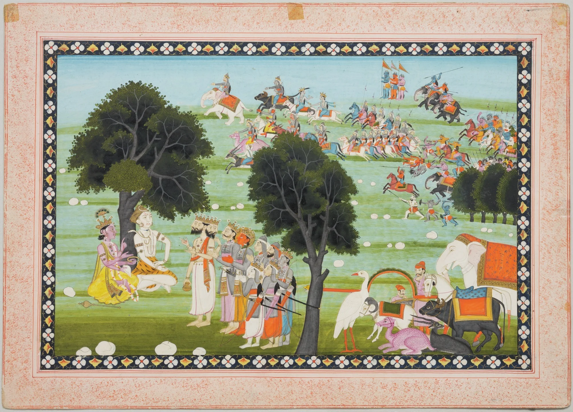 Gods Discussing Their Defeat by Demons, led by Mahishasura in Background