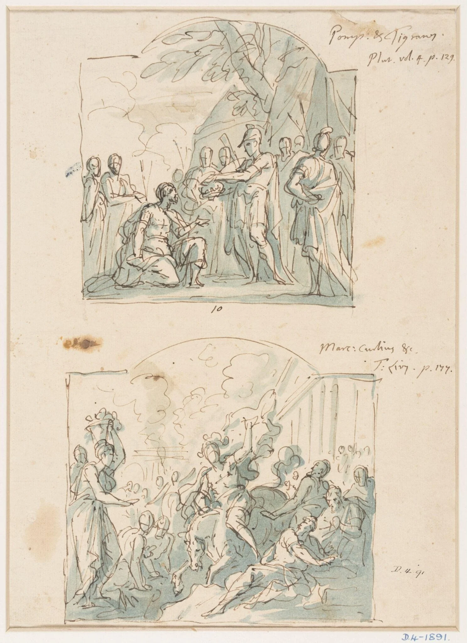 Two designs for the inset paintings in the lower wall of the Great Hall at Moor Park, Hertfordshire, by James Thornhill, 1725