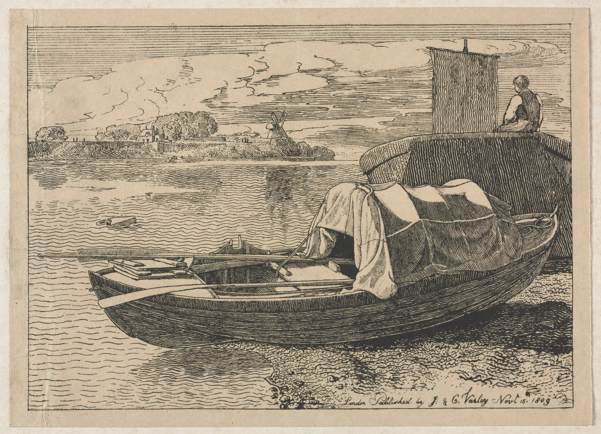 Boats on a River, Windmill in Distance, by Cornelius Varley, 1809