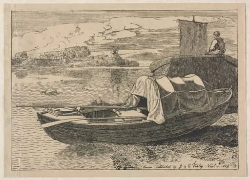 Boats on a River, Windmill in Distance