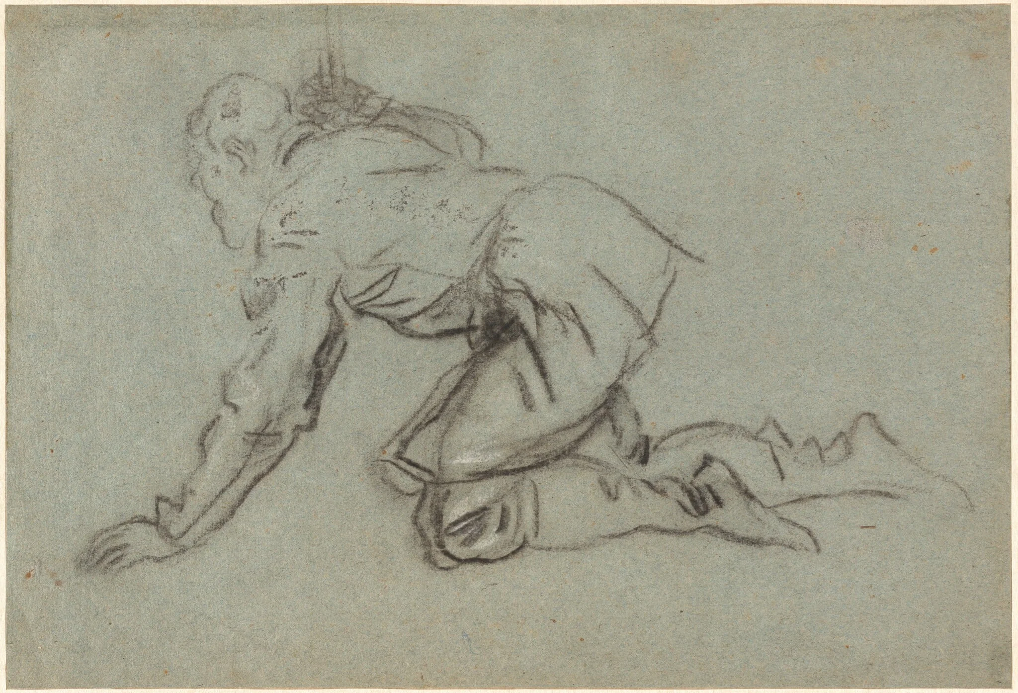 A Kneeling Man Holding a Staff [recto], by Jacopo Tintoretto, charcoal, 1554
