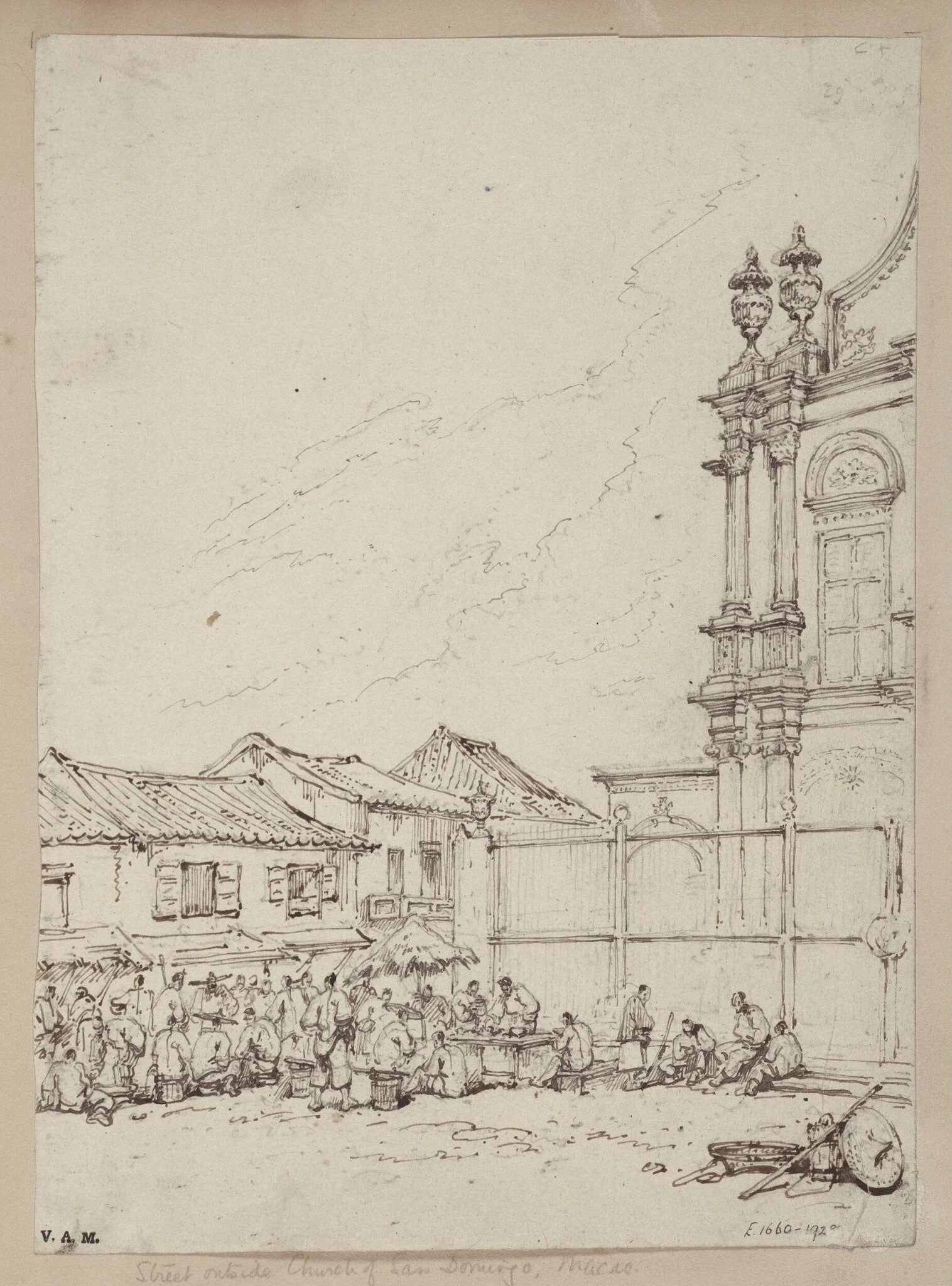 The street market outside the church of S. Domingos, Macau, by George Chinnery, 19