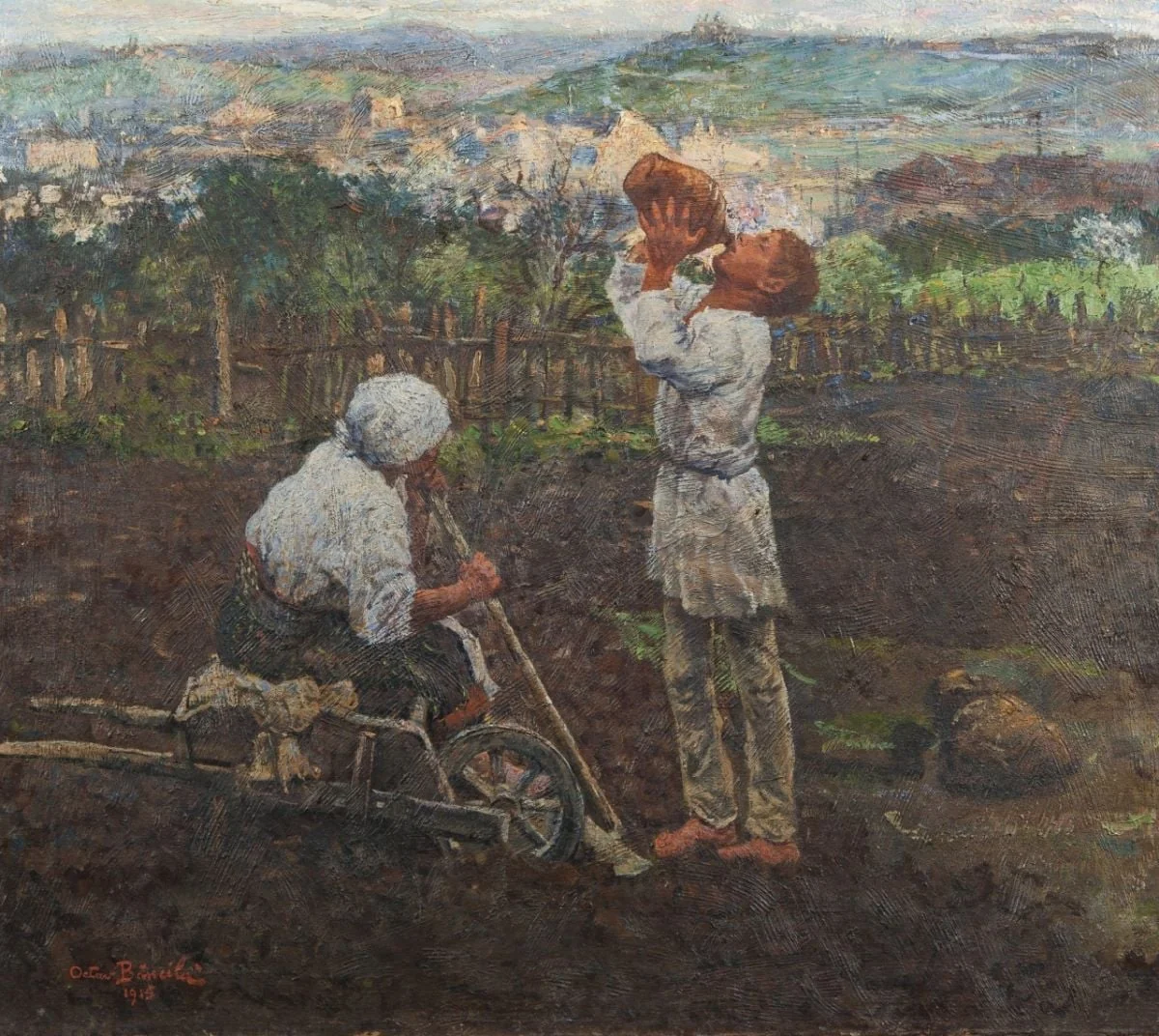La munca câmpului. Dimineața la sapă, by Octav Băncilă, 1915