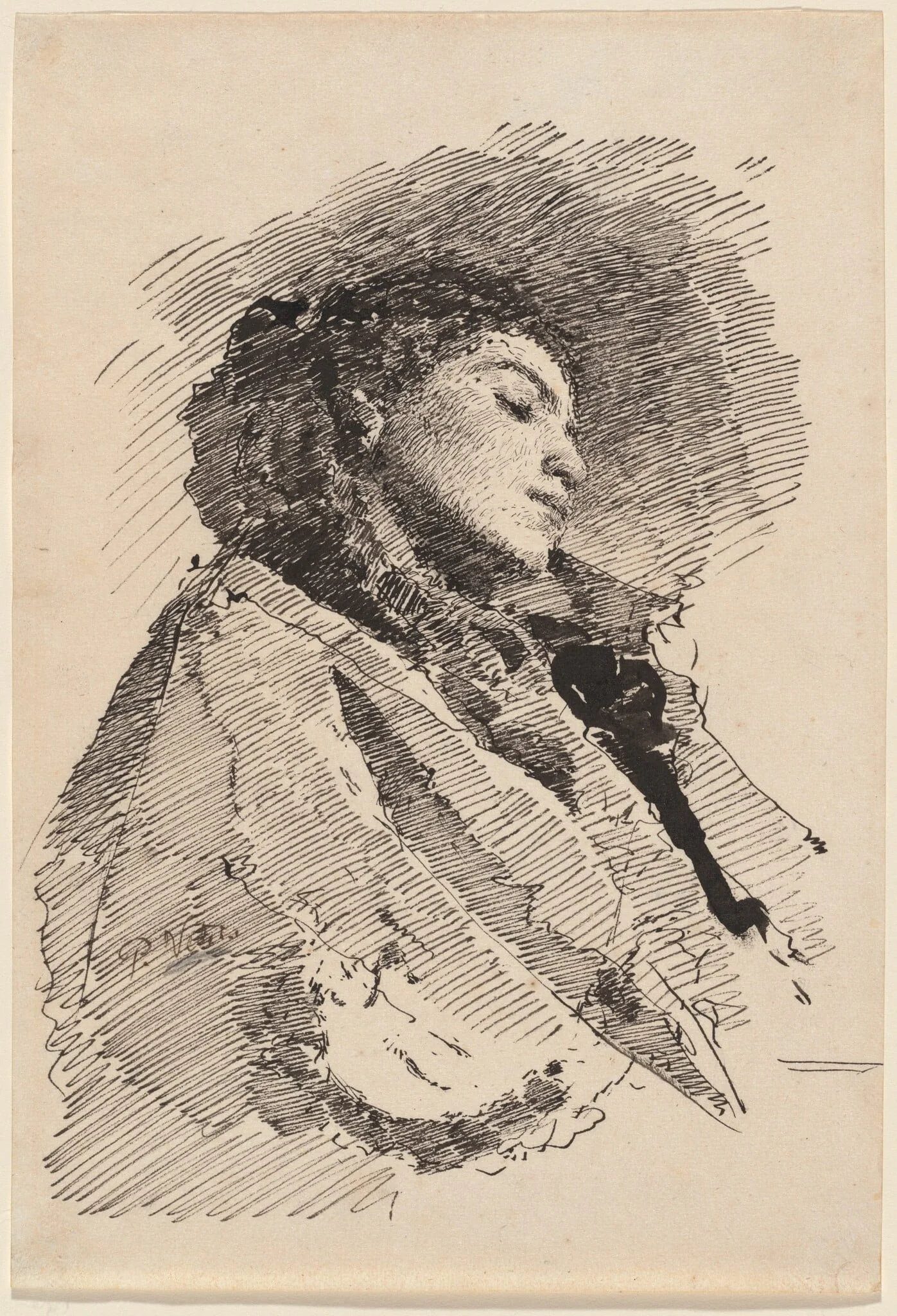 Young Woman Asleep, by Paolo Vetri, ink, 1874