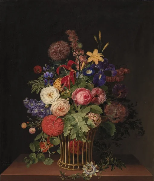 En let rørkurv med blomster, by Cladius Detlev Fritzsch, oil, 1808