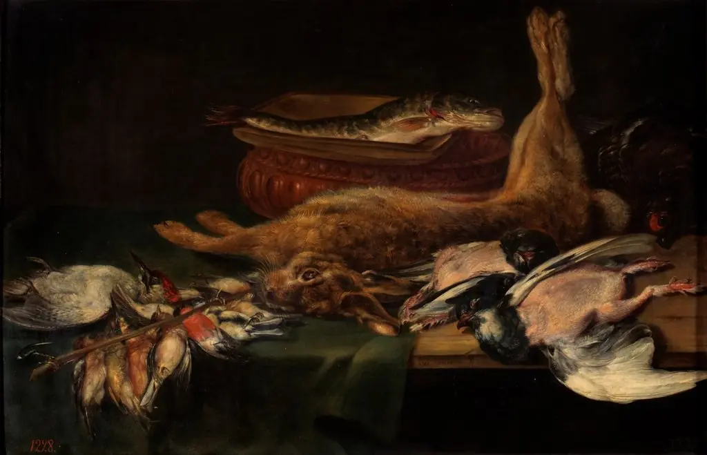 Still life with a hare, dead birds and fish