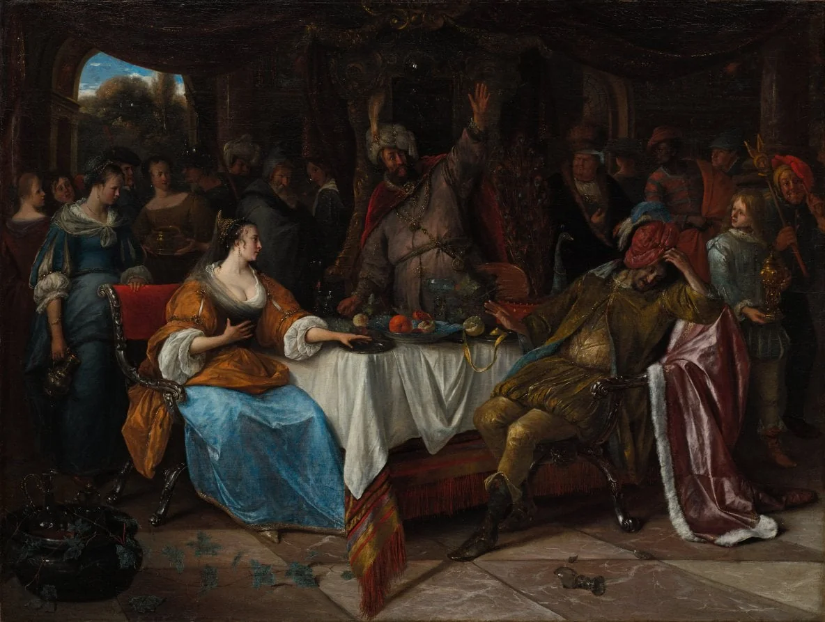 Esther, Ahasuerus, and Haman, by Jan Steen, unspecified, 1668
