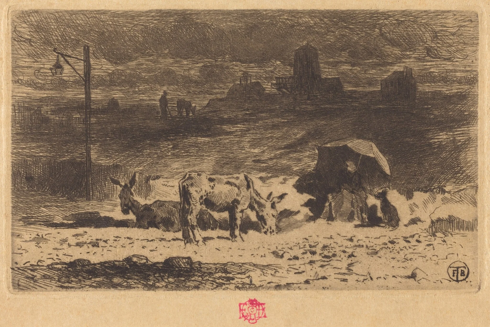 Les Anes de La Butte-aux-Cailles (Donkeys at La Butte-aux-Cailles), by Félix-Hilaire Buhot, ink, 1874