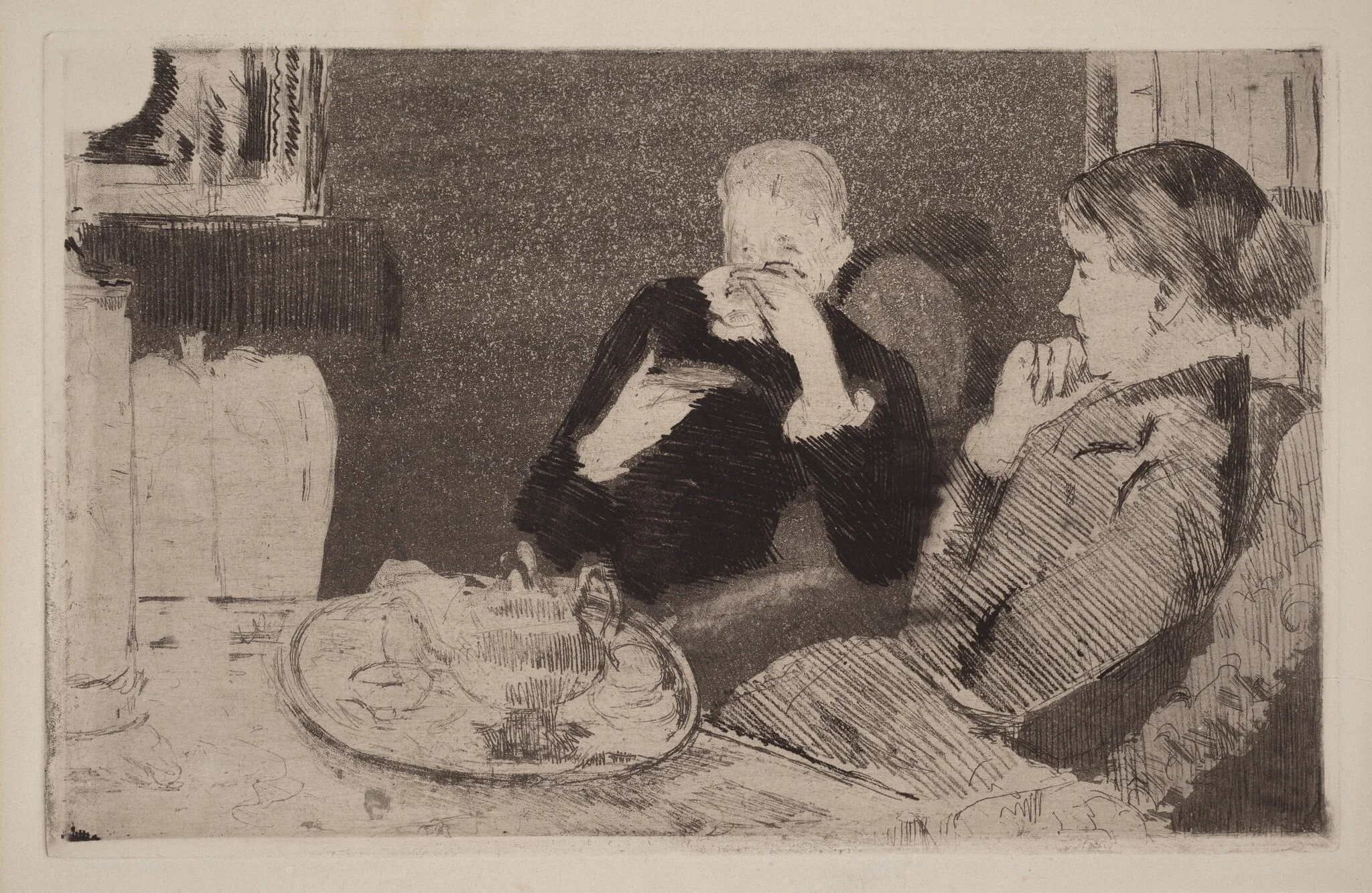 Lydia and Her Mother at Tea, by Mary Cassatt, ink, 1882