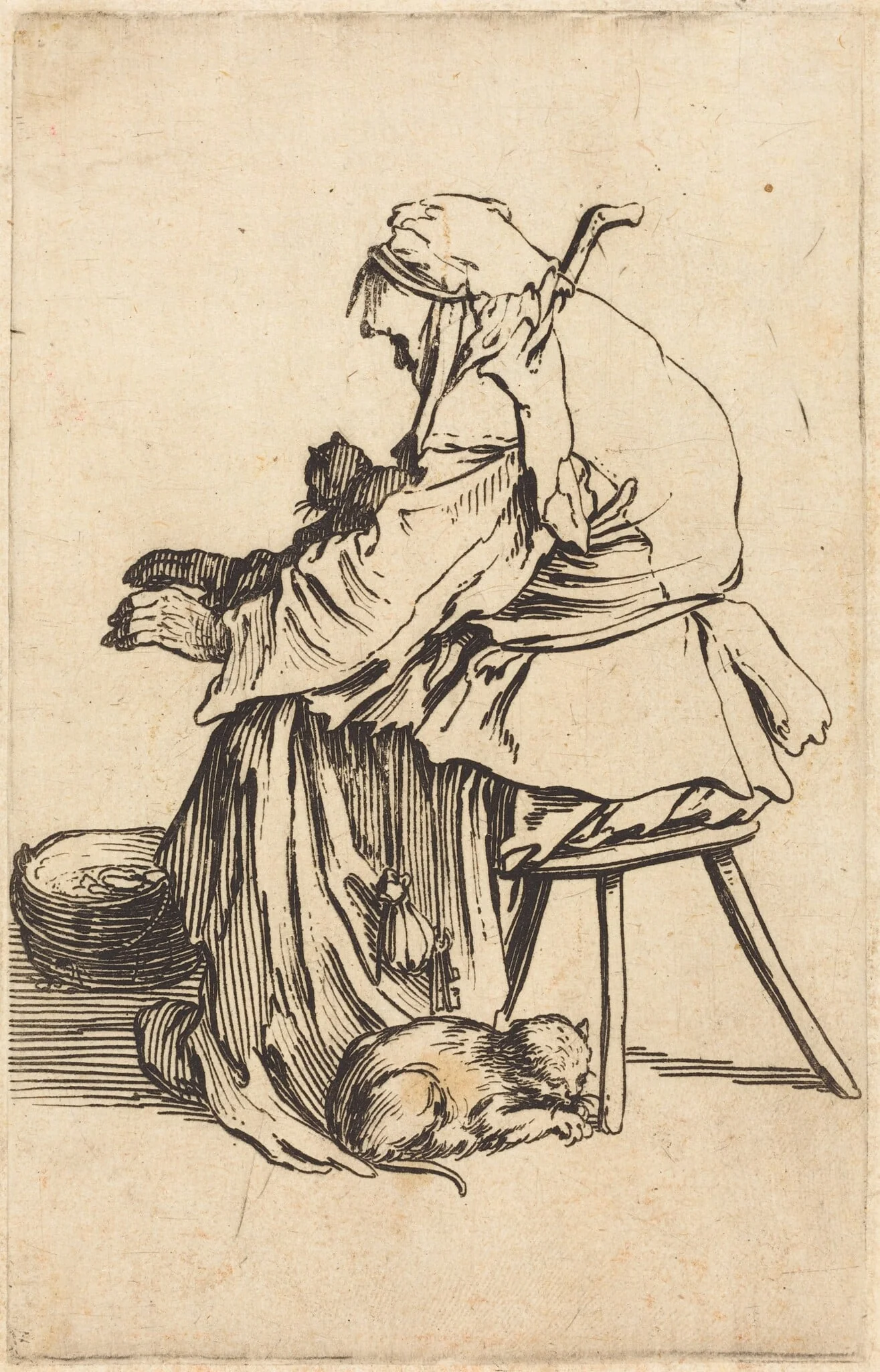 Old Woman with Cats, by Jacques Callot, ink, 1622